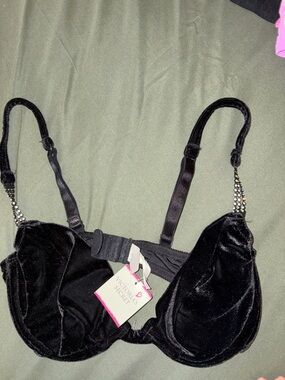 Victoria's Secret Black Velvet Bra with Rhinestone Accent Straps